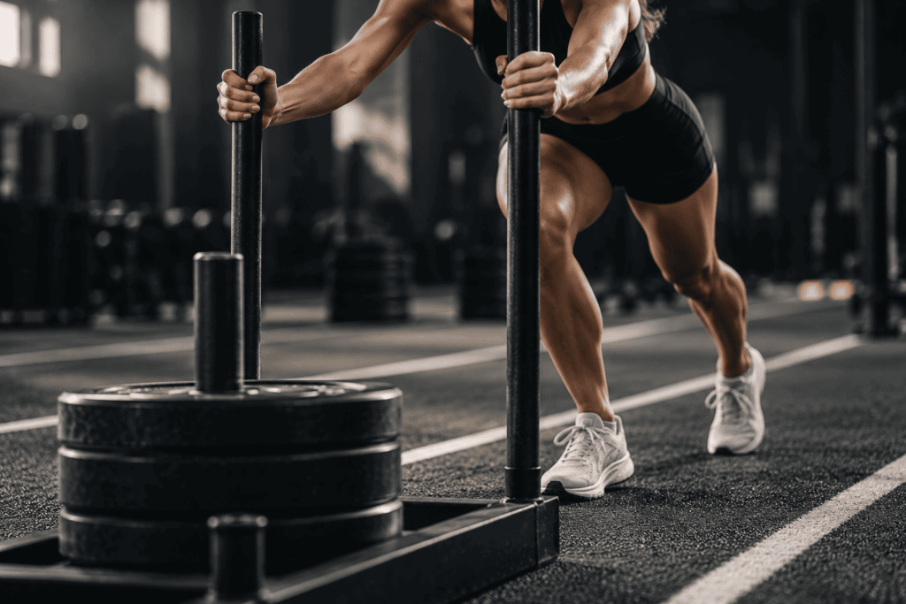 Vrouw tijdens functionele HYROX training met een sled